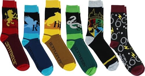 Image of Harry Potter Mens Socks - Hufflepuff, Ravenclaw, Slytherin, Gryffindor House Crest 6 Pack Crew Sock Set, Multicolor, Multicolor, 8-12