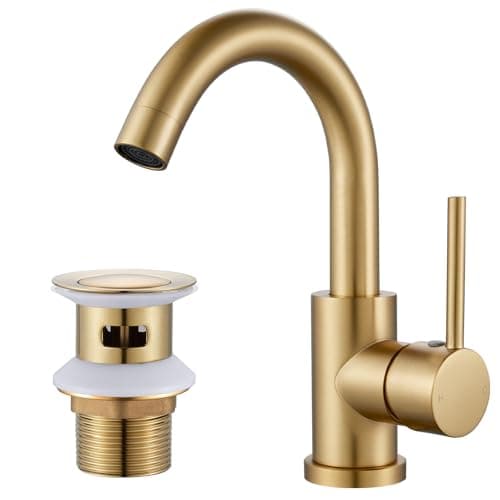 Image of Gold Basin Mixer Tap with Pop up Waste, Rainysprit 360° Swivel Bathroom Sink Tap Mixer, Stainless Steel, G1/2 UK Standard Fittings, Hot & Cold Water Control, Gold