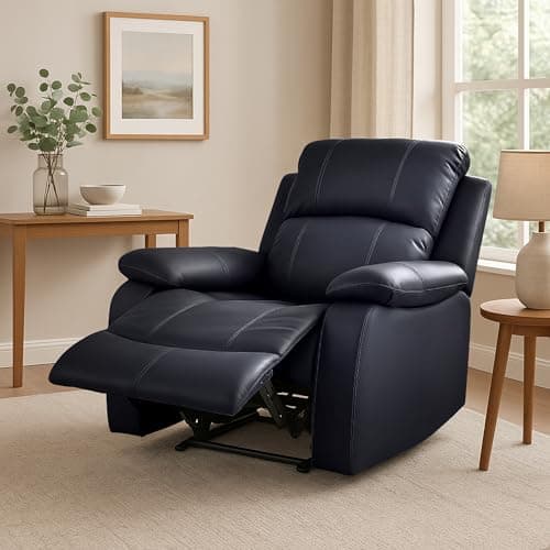 Image of Bravich Luxury Black Bonded Leather Manual Recliner Sofa - Living Room Furniture, Lounge Chair Sofa Set for Ultimate Comfort & Elegance. Single Seater for Home (90x75x100cm)
