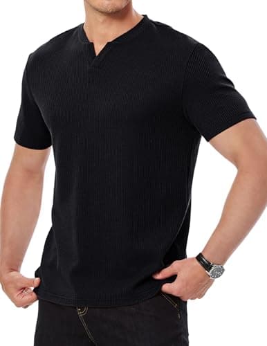 Image of Meilicloth Mens T Shirt V Neck Waffle T Shirt Basic Slim Fit Short Sleeve Top Black