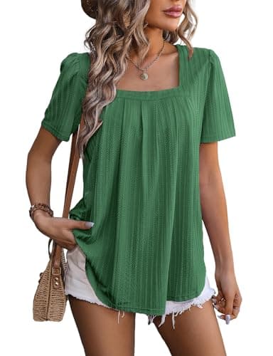 Image of Flikity Women's Summer Blouses - Square Neck Tops, Short Sleeve Womens Tunic Tops for Evening Wear - Dark Green - XL