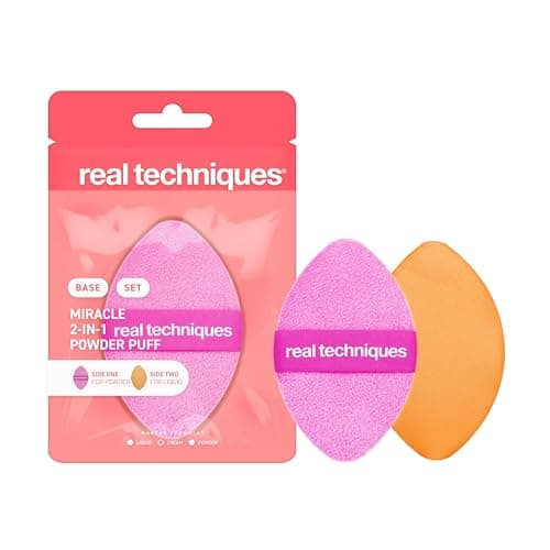 Image of Real Techniques Miracle 2-In-1 Powder Puff, Dual-Sided, Full-Size Makeup Blending Puff, Reversible Elastic Band, Precision Tip Makeup Sponge and Powder Puff, For Liquid, Cream and Powder, 1 Count