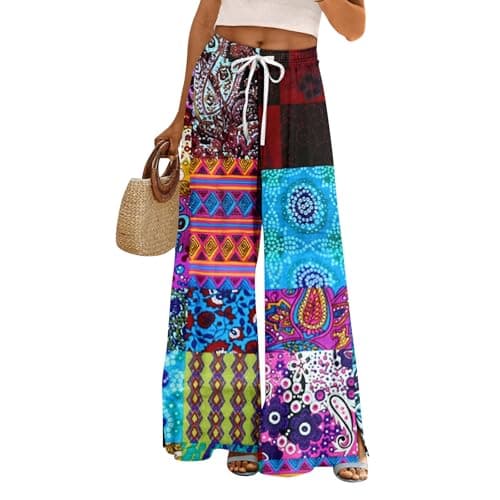 Image of Womens Wide Leg Palazzo Trousers Gradient Geometric Print Elasticated Waist Flowy Summer Pants with Split Hem Loose Fit Breathable Casual Summer Travel Walking Trousers Ladies Lounge Pants Sky Blue