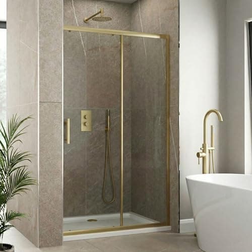 Image of Luxura® 1000mm Sliding Shower Door Screen for Wet Room Cubicle Enclosures, 6mm Toughened Safety Glass, Framed, Reversible, Brushed Brass