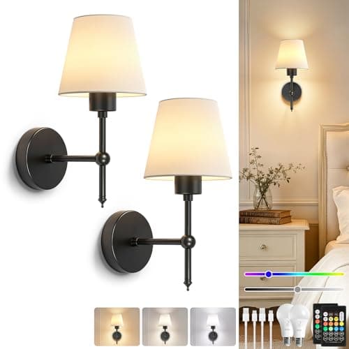 Image of Dehobo Battery Operated Wall Lights Set of 2, Rechargeable LED Wall Sconces with Fabric Shade, Black Wireless Lamps with Remote, Dimmable 3CCT & RGB, Modern Decor for Bedroom Living Room Hallway