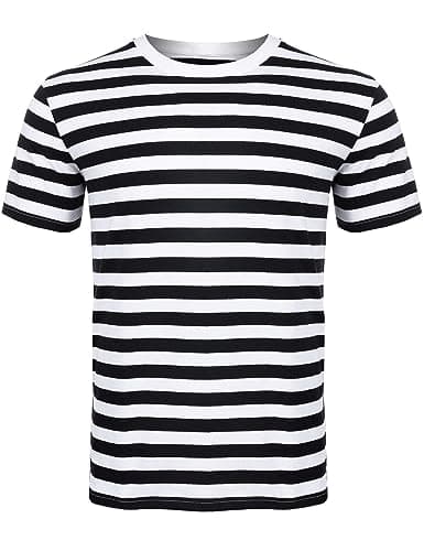 Image of Mens Womens Tshirts Ladies Striped Short Half Sleeves Cotton Top Round Neck Kids Casual Crewneck Summer Wears (Black/White 2XL)