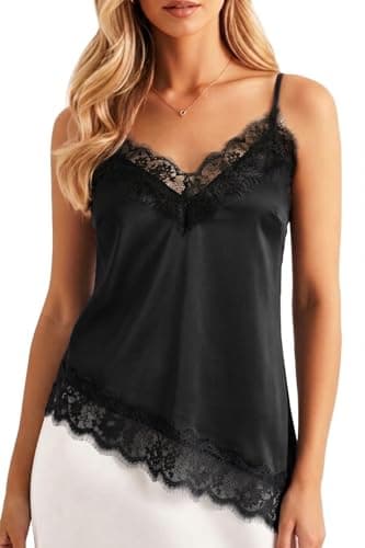 Image of HAWILAND Women Satin Lace Asymmetrical Camisole Vest Tops Ladies Silk Lace Trim Spaghetti Strap V Neck Cami Tank Top Black Small