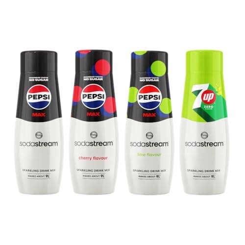 Image of Sodastream Syrup Mixed Pack, Pepsi MAX, Cherry, Lime & 7UP Zero Fizzy Water Flavouring Syrup, Sugar Free Sparkling Drink Mix, Official Pepsi & 7UP Flavours, 4 x 440ml Multipack, Makes Up to 36L