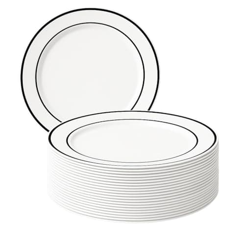 Image of MATANA 25 Premium White Plastic Dinner Plates with Black Rim, 26cm / 10 Inch - Elegant & Reusable Party Plates for Weddings, Birthdays, Picnic, BBQ, Parties