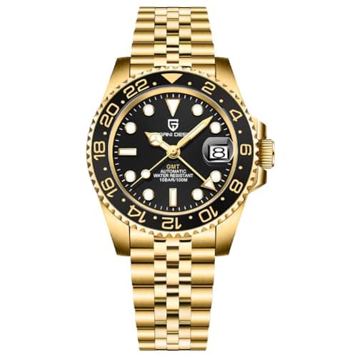Image of PAGRNE DESIGN GMT Automatic Mechanical Men's Watch Rotating Ceramic Bezel Stainless Steel with Date Function Men's Sport Watch(Steel Band All Gold Black-5)