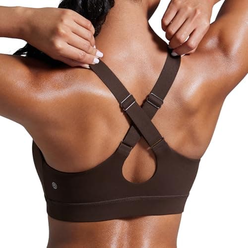 Image of CRZ YOGA Women's Butterbreeze V Neck Sports Bras - Adjustable Straps Criss Cross Back Padded Wireless Running Workout Bra Hot Fudge Brown 12
