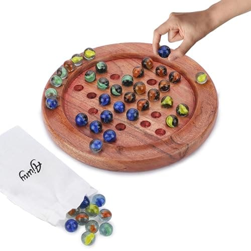Image of Ajuny Classic Solitaire - Handcrafted Wooden Board Game with 4-Color Marbles, Vintage Indian Design - Ideal for Family Fun & Home Decor