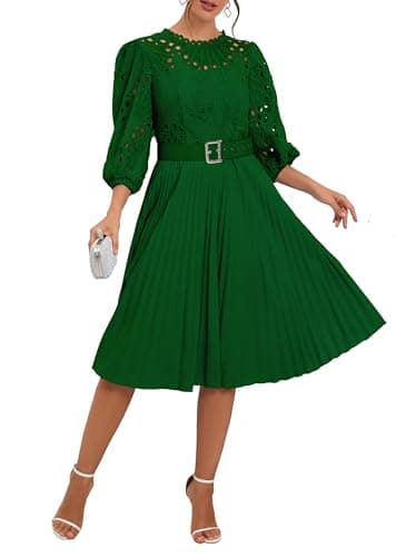 Image of IWFEV Lace Pleated Puff Sleeve Mid-Calf Short Sleeve Midi Hollow Casual Party Evening Dress XXL Green