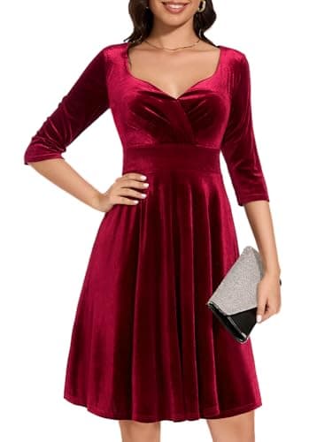 Image of Red Velvet Christmas Party Holiday Dress Long Sleeve Vintage Cocktail Formal Wedding Guest Swing Winter Midi Dress V-Dark Red 2XL