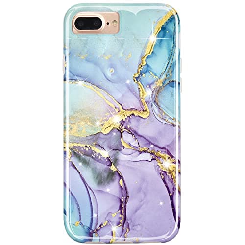 Image of JIAXIUFEN Gold Sparkle Glitter Marble Desgin Slim Shockproof Flexible Bumper TPU Soft Case Rubber Silicone Cover Phone Case for iPhone 7 Plus/iPhone 8 Plus/6 Plus/6S Plus, Purple Blue