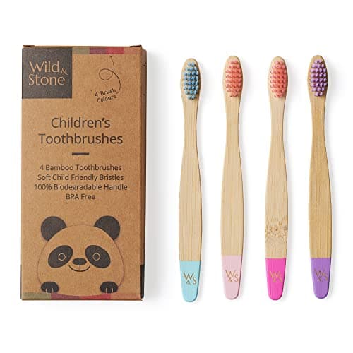 Image of Wild & Stone | Organic Children's Bamboo Toothbrush | 4 Pack | Soft Fibre Bristles | 100% Biodegradable Handle | BPA Free | Vegan Eco Friendly Kids Toothbrushes (Candy)