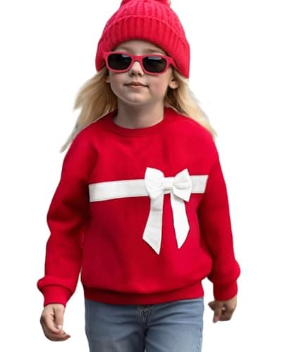 Image of BOVOSHA Kids Christmas Sweatshirt for Girls Red Crewneck Top Holiday Pullover with Detachable Bow Clothes (Red, 5-6T)