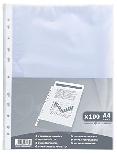 Image of Exacompta - Ref 5111E - PP Punched Pockets (Pack of 100) - Suitable for A4 Documents, 0.04mm Grained Effect Polypropylene, Pre-Punched Spine for Use in Folders - Clear