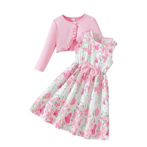 Image of M9ppzzur7 Kids Girl Clothes Dress Set Floral Butterfly Print Bows Sleeveless Dress Sundress with Long Sleeve Cardigan (Pink, 3-4 Years)