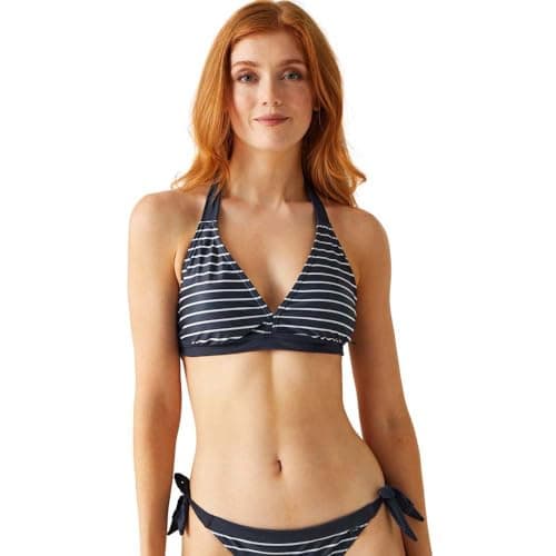 Image of Regatta Flavia Stripe Halter Neck Bikini Top Navy/White 16 UK Soft Touch Stretch UPF 50+ Recycled