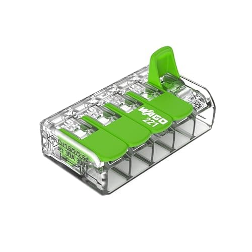 Image of WAGO Green Range Terminal Block 5-Wire, to 4 mm², Splicing Connectors 5-Pole with Lever for All Conductor Types Pluggable, 221-425, 25 pcs
