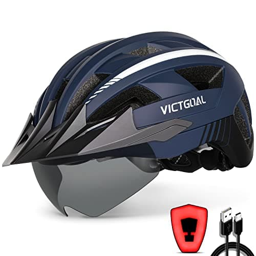 Image of Victgoal Bike Helmet with USB Rechargeable LED Light Removable Magnetic Goggles Visor Breathable MTB Mountain Bicycle Helmet for Unisex Men Women Adjustable Cycle Helmets (XL: 59-63 cm, Navy Blue)