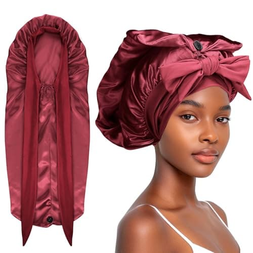 Image of Abeillo Long Satin Bonnet for Women Sleeping, Silk Bonnet Large Hair Cap Silk Hair Bonnets with Tie Band for Braids Curly Hair (Wine Red)