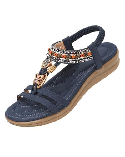 Image of SOLOYEE Sandals for Women Summer Bohemian Casual Shoes Ladies Faux Leather Open Toe Flat Sandal with Sparkling Flower-Shaped Rhinestone Navy Blue, 5 UK