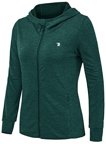 Image of donhobo Women's Running Jackets with Thumb Hole,Long Sleeve Gym Sport Zip Up Hoodie Top Breathable Quick-Dry Tops with Zip Side Pocket Dark Green M