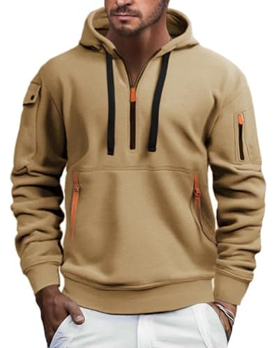 Image of EDITCOZY Mens Half Zip Fleece Jumper Hoody Long Sleeve Sweatshirts Zip Up Pullover Jumper with Pockets Khaki L