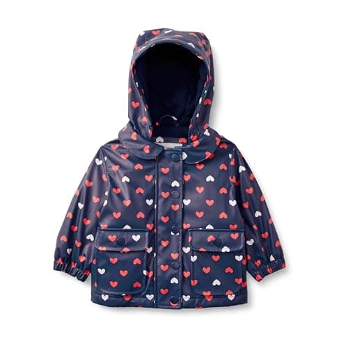 Image of Amazon Essentials x Sofia Grainge Baby Girls' Water-Repellent Rain Jacket, Navy Hearts, 24 Months