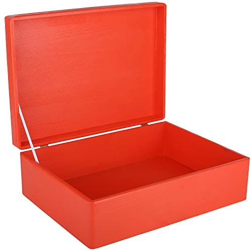 Image of Creative Deco XL Red Plain Wooden Storage Box | 40 x 30 x 14 cm (+/-1 cm) | with Hinged Lid | Easter Gift Box Storage | ROUGH & UNSANDED Wood Keepsake Memory Craft Chest