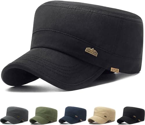 Image of Initlove Cadet Army Cap for Men Unisex Military Flat Top Hat Peak Black