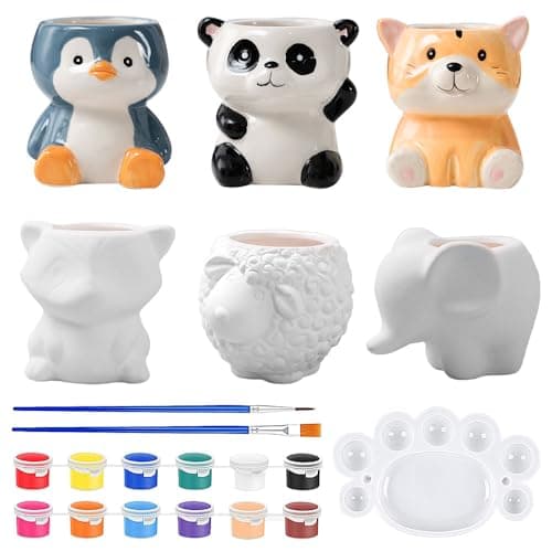 Image of Vmxlso 21 Pcs Paint Your Own Plant Pot Ceramic, 6 Sets Paintable Succulent Plant Pot, Animal Ceramic Plant Pot with Drainage Hole, Bisque Ceramic Planters for Kids Classroom Craft Project Activity