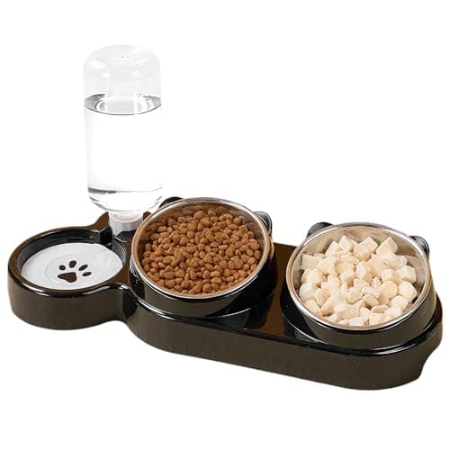 Image of 3-in-1 Cat Food and Water Bowl Set, Tilted Stainless Steel Bowls with Stand, Double Food Bowls with Water Dispenser, Pet Feeding Station for Cats Small Dogs, Black
