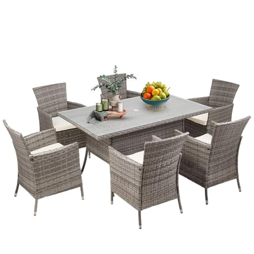 Image of Warmiehomy Rattan Garden Table and Chairs Set 7 Pieces Garden Dining Set 120x80cm Rectangular Patio Table with Parasol Hole Tempered Glass Top and 6 Seater Wicker Armchairs with Seat Cushions, Grey