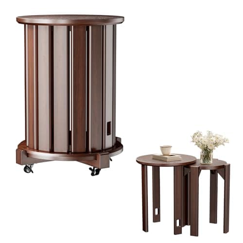 Image of tekrabea Round Stackable Stools Set of 4, Wooden Nesting Chairs on Wheels, No Assembly Required Round Stacking Stool for Kitchen, Living Room, Bar, Dorm (Brown)