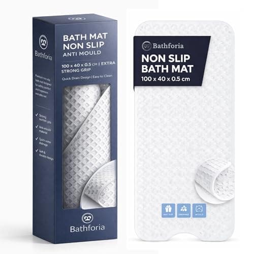 Image of Bathforia Non Slip Bath Mat - Extra Long Non-Slip Anti Mould Shower Mat - Machine Washable Anti Slip Bathroom Floor Mats with Strong Rubber Suction Cup Grip - White 100 x 40 x 0.5 cm