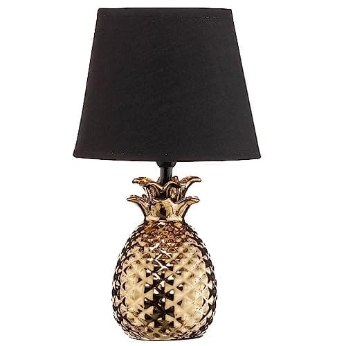 Image of Britalia Gold Ceramic Vintage Pineapple Table Desk Lamp with Black Fabric Shade | 35cm Height | 1 x SES E14 Lamp Bulb Required | UK Approved | Retro Design | Tapered Drum Lampshade