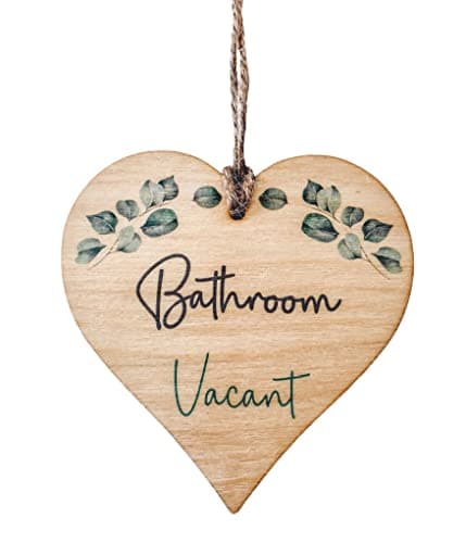 Image of Engaged Vacant Double Sided Bathroom Door Sign - Made From Wood - Eucalyptus Design - Heart Shape