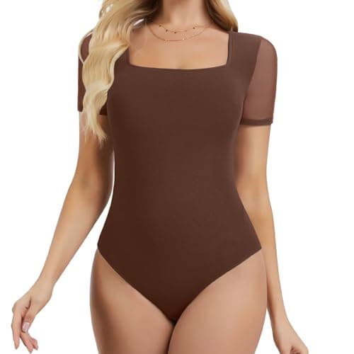 Image of Joyshaper Women Bodysuit Short Sleeve Ladies T-shirts Body Suits Square Neck Mesh Casual Tops Elegant Summer Leotard Brown,M