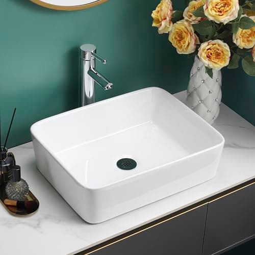 Image of BELOFAY Ceramic Bathroom Sink Cloakroom Basin , Hand Wash Basin , Classic Design Gloss White Countertop Basin Cloakroom Sink for Bathroom Lavatory, Vanity Unit (Rectangular) 48cmx38cmx13cm only basin