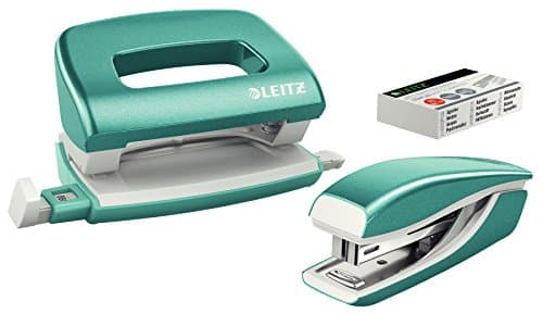 Image of Leitz 55612051 Mini Stapler and Hole Punch Set, Staple or Punch Up to 10 Sheets, Includes P2 N°10 Staples, WOW Range, Ice Blue