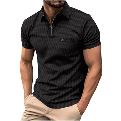 Image of Mens Polos Shirts Short Sleeve UK Sale, Quarter Zip Golf Polos Shirts Slim Fit Solid Color Tennis T-Shirt Breathable Summer Casual Waffle Tee Tops Turn-Down Collar Pullover with Zipper Pocket Black