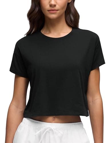 Image of CRZ YOGA Women's Short Sleeve Yoga T-Shirts Loose Fit Sports Fitness Crop Tops Workout Casual Cropped Shirt Black 12