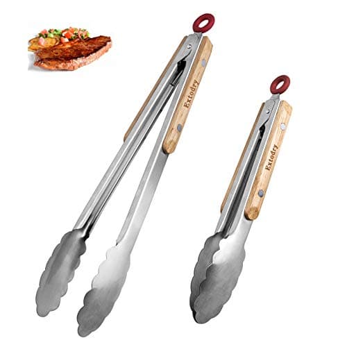 Image of Extodry Sturdy Kitchen Tongs,2 Packs Set (9''&12'') BBQ Tongs Good Grips Cooking Tongs Stainless Steel, Food Tongs with Heat Resistant Wood Grips,Cooking Gifts for Serving Frying Salad Pasta