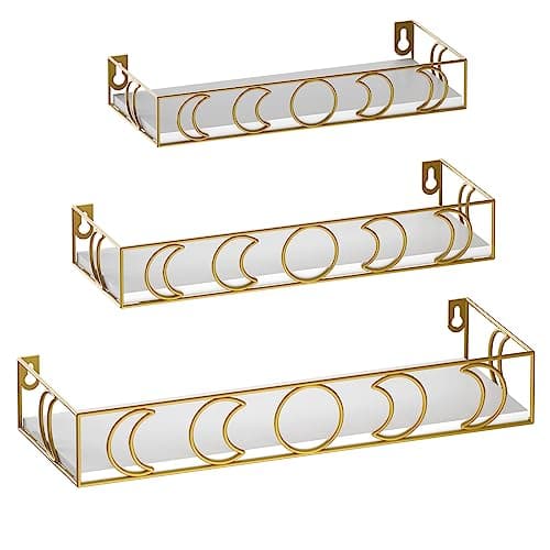 Image of EYMPEU Gold Moon Motif floating shelves, Set of 3 Kitchen Wall Shelves, Bedroom Wall Shelf