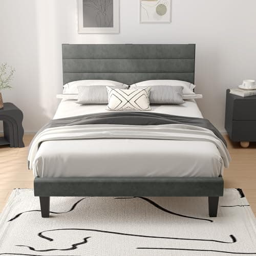Image of Bonnlo 4ft6 Double Bed Frame,Noise-Free Upholstered Platform Bed with Adjustable Headboard & Under Bed Storage-Sturdy Wooden Slat Support-No Box Spring Needed, Velvet, Dark Grey, 135 x 190 cm