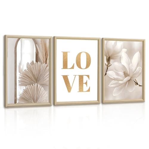 Image of 3 Pcs Framed Boho Love Beige Canvas Wall Art Set, Modern White Magnolia Wall Painting Nordic Minimalism Beige Cattail Wall Pictures Poster Art Prints Decor for Bedroom Living Room Office 30x40cmx3