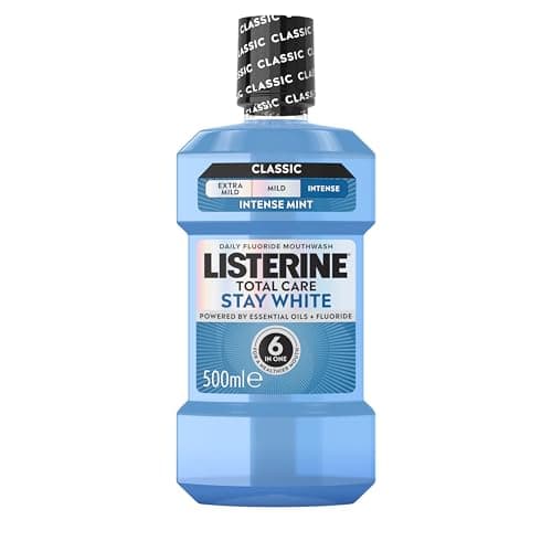 Image of Listerine Total Care Stay White Intense Taste Classic Antibacterial Mouthwash (500ml), Fresh Mint Blast Flavour with 6-in-1 Benefits